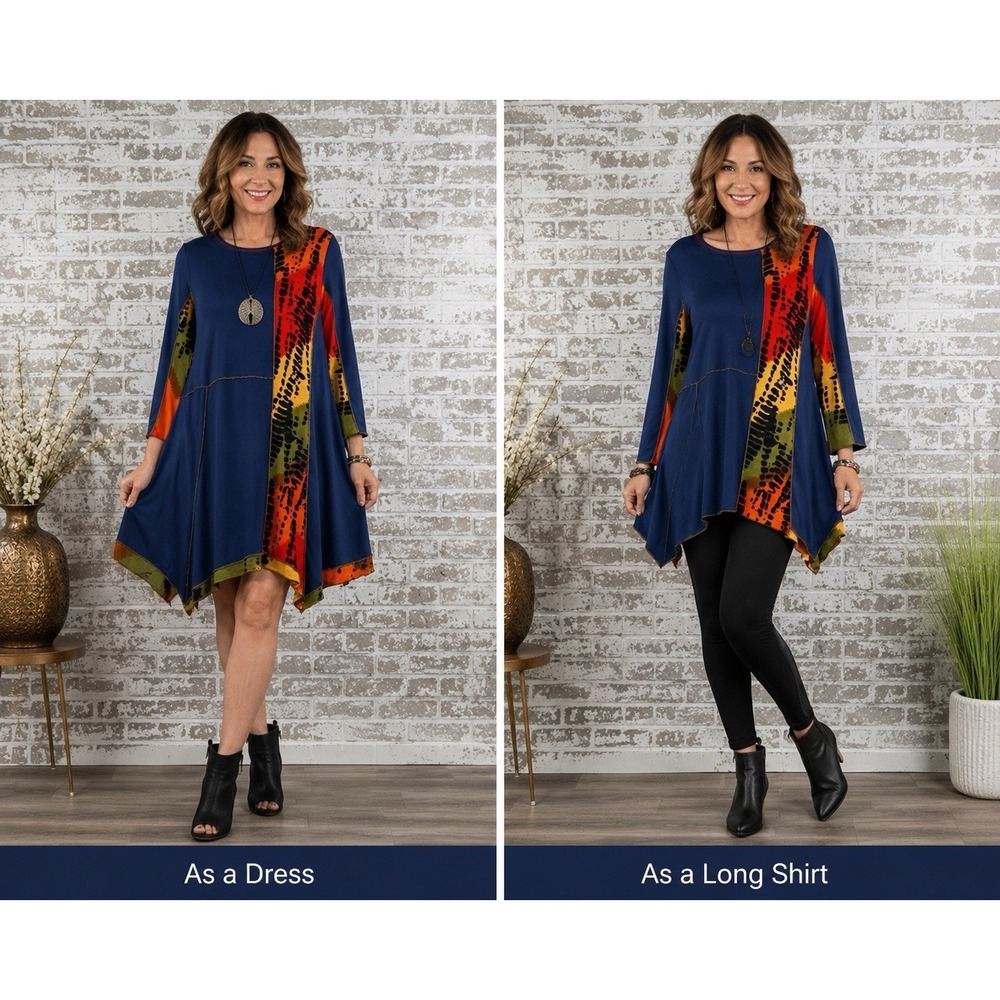 Parsley & Sage Tunic Shirt/Dress Sz L Wearable Art Blue Patchwork Sharkbite Hem - Picture 2 of 14